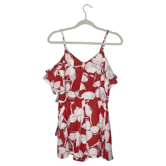 J.O.A. Akela Red Floral Print Skort Dress Romper Size Small Off-the-Shoulder - Picture 4 of 9